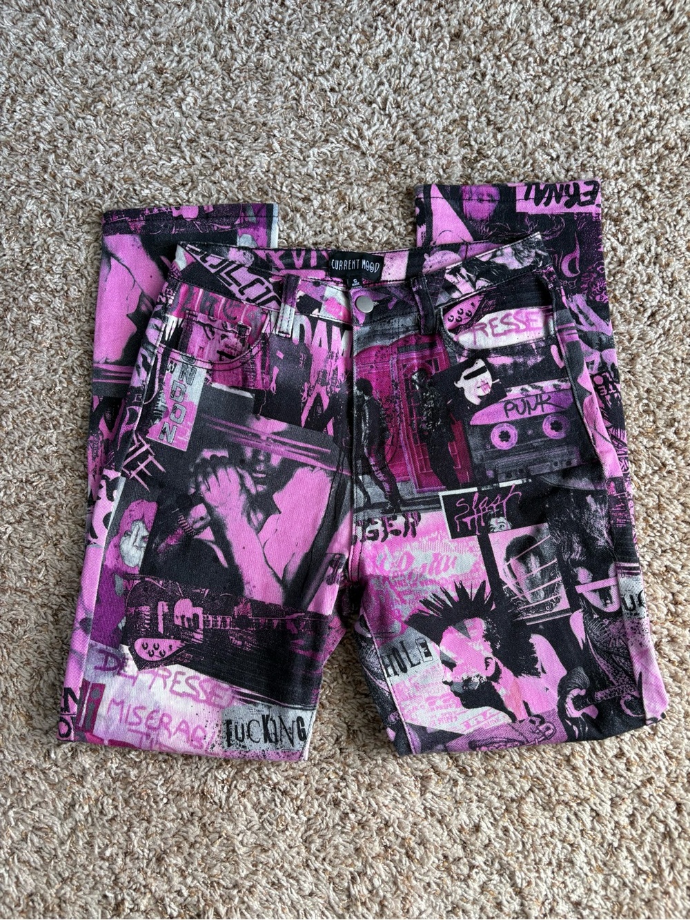 Current Mood Pink and Black Patterned Denim Pants